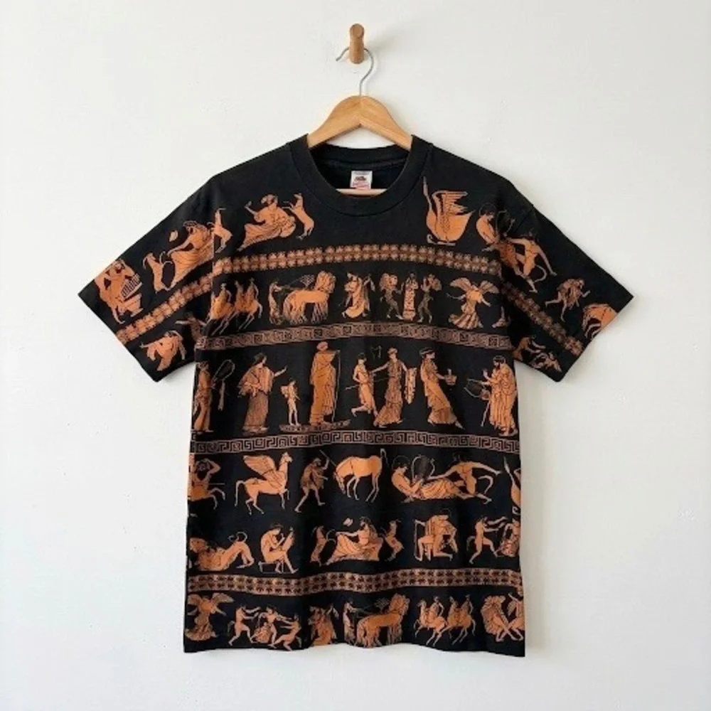 Vintage 90s Fruit of the Loom Greek Mythology All Over Print T-Shirt Large Black